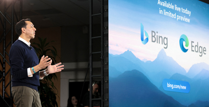 Microsoft VP Yusuf Mehdi at Microsoft launch Feb 23 card