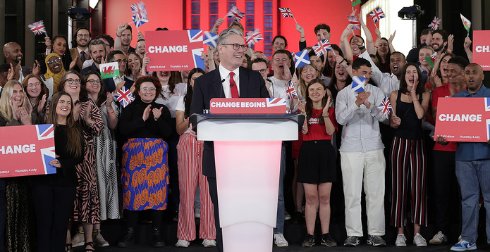 Labour Leader Keir Starmer celebrates winning the 2024 General Election card