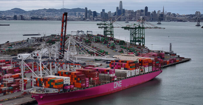 Container ship docked in Oakland port