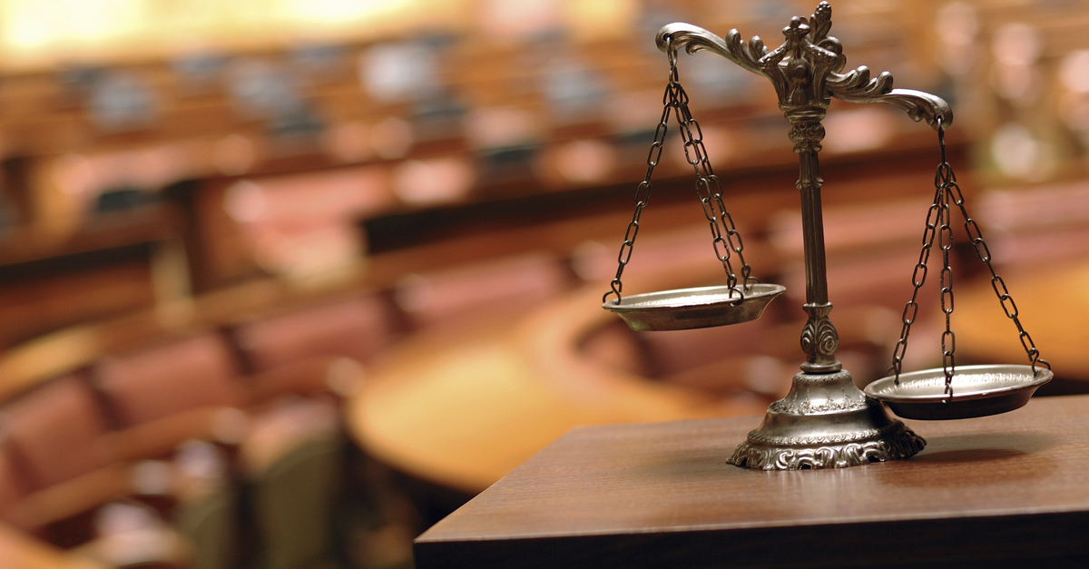 Decorative scales of justice in the courtroom