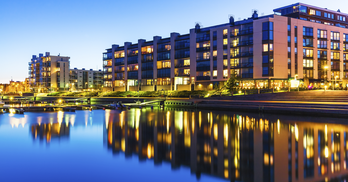 Modern real estate waterfront development evening